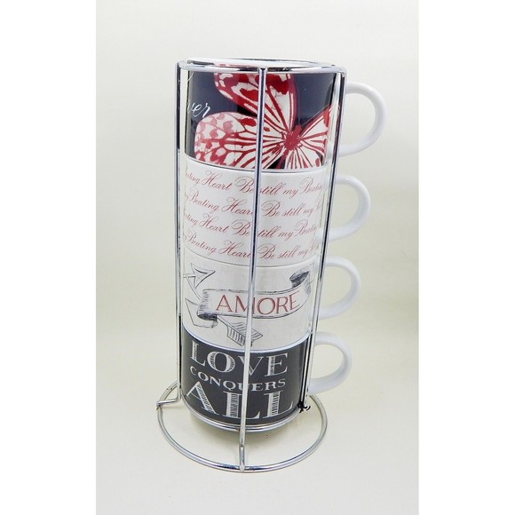 Pier 1 Imports Ceramic Stacking Mugs Be Still My Beating Heart Rack Set of 4 - Picture 2 of 10